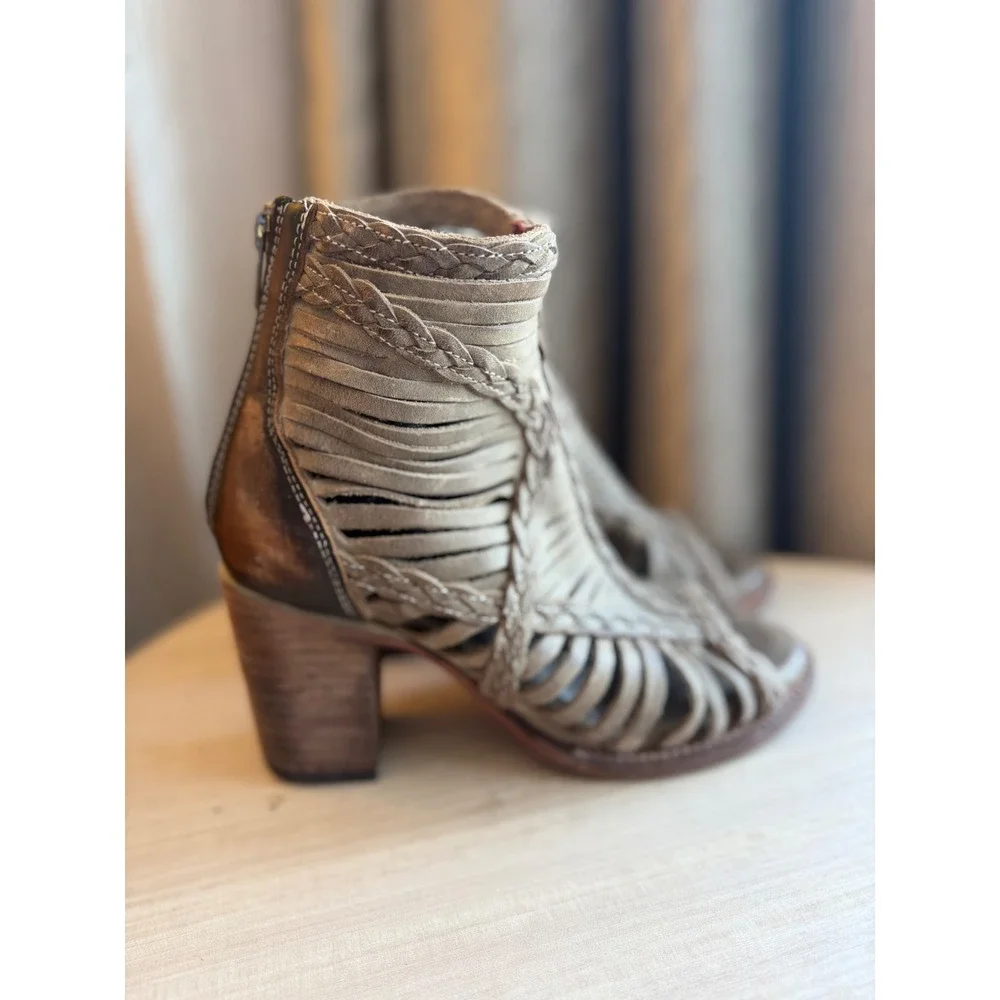 Freebird by Steven Bela Taupe Leather Braided Cage Booties Open Toe Size 8
